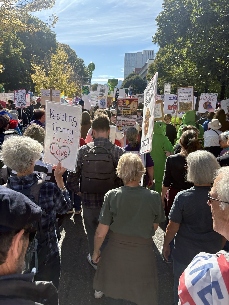 bhagan55's tweet photo. Proud to exercise my 1st amendment rights alongside thousands of peaceful protestors in Portland, Oregon today! No war zone here, despite the narrative the current administration is trying to sell you. It was a beautiful day in a beautiful city. #NoKingsDayOct18th https://t.co/CSHxeQr5Fk