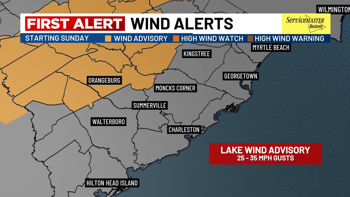 FIRST ALERT: Winds will increase ahead of Sunday evening's front - perhaps to between 25-35 MPH at times! A "Lake Wind Advisory" has been issued for Orangeburg and Clarendon Counties where such winds could linger around into early Monday morning. #SCWX #CHSWX