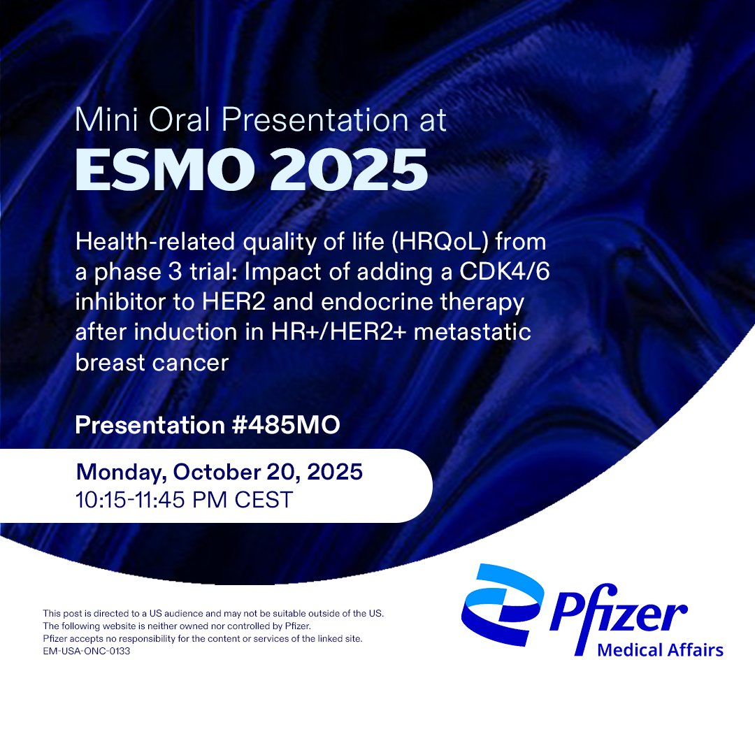 Explore findings from this phase 3 trial at our mini oral presentation during #ESMO25 to learn more about the impact of adding a CDK4/6 inhibitor to HER2 and endocrine therapy on HRQoL after induction in HR+/HER2+ metastatic #BreastCancer: pfi.sr/NvC
