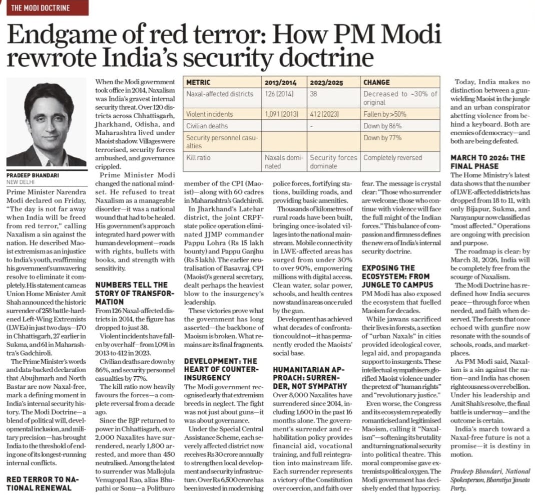 pradip103's tweet image. Endgame of Red Terror — My editorial in Sunday Guardian explains how PM Modi’s vision, executed by HM Amit Shah, has turned the battle against Maoist terror into a destiny in motion.

sundayguardianlive.com/news/top-5/end…

#ModiDoctrine
