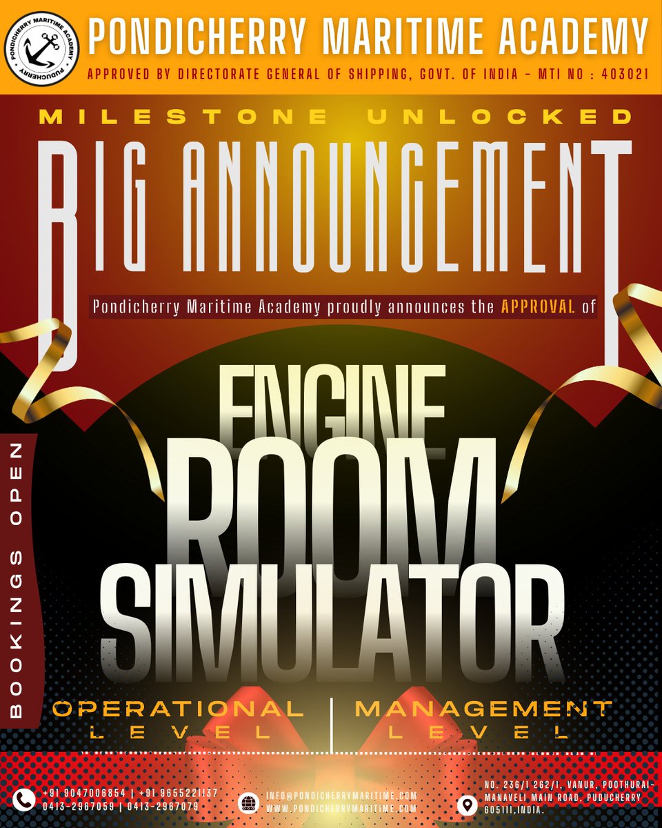 Pondymaritime's tweet image. Big news! 🚀 Our new courses got approved at Pondicherry Maritime Academy!
15 Years of Excellence!
Pondicherry Maritime Academy proudly marks 15 incredible years of shaping seafarers&apos; futures!
Enroll now and be part of our legacy: pondicherrymaritime.com  #NewCourse #ERS