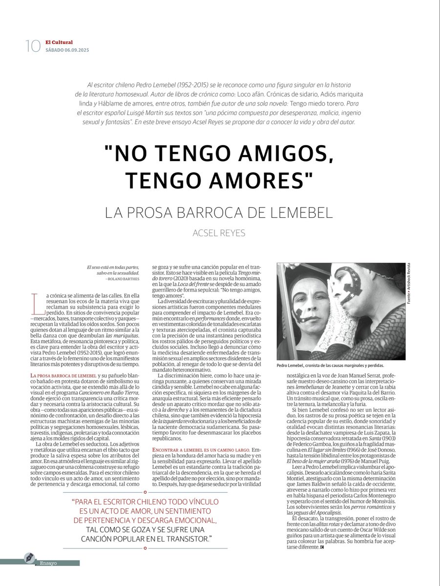 acselreyes's tweet photo. Escribí para @ElCulturalRazon un breve #ensayo sobre el escritor chileno Pedro #Lemebel: cronista que teje con cada adjetivo y metáfora una atmósfera de seducción desde la marginalidad.

Gracias a @GFadanelli por el impulso.

⤵️:

https://t.co/OiZW9IVbBn https://t.co/BxmfjNgXDT