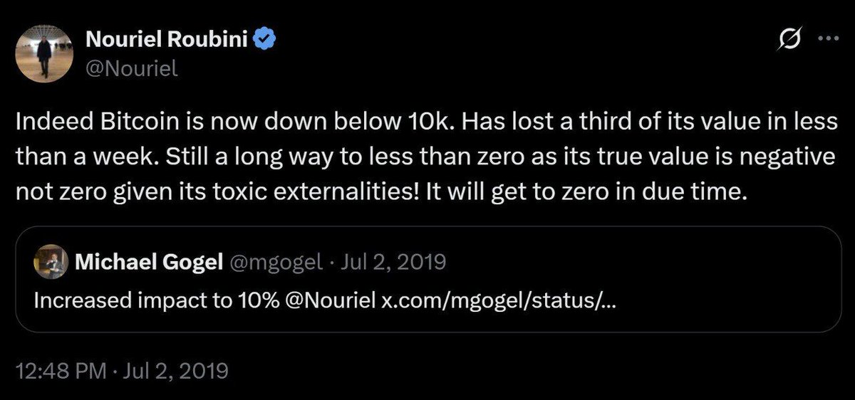Cointelegraph's tweet image. ⚡ THROWBACK: In 2019, a NYU professor said $BTC will drop to Zero in due time.
We're still waiting...