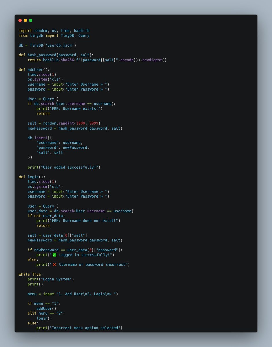 dkingony's tweet image. Day 71 of 100
What if hackers find their way and hack into my DB?
Today, I learnt the powers of hash and salt to ensure my passwords are safe from hackers.
Using hashlib & TinyDB libraries, I worked on a simple login system
#Replit100DaysOfCode #100DaysOfCode #buildinginpublic