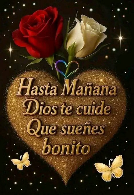 Red and white roses arranged in a bouquet positioned within a large golden heart shape on a dark starry background. The heart has embossed text reading Hasta Mañana Dios te cuide Que sueñes bonito. Two butterflies are visible near the bottom. Rainbow elements appear on the heart outline.