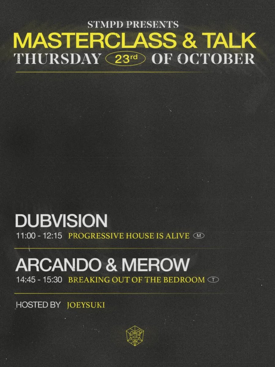 「限定」

11:00 <a href="/DubVisionMusic/">DubVision</a> によるマスタークラス

14:45 <a href="/arcandomusic/">Arcando</a> &amp; <a href="/DJ_Merow/">Megan</a> によるトークセッション

ホスト: <a href="/JoeySuki/">JoeySuki</a> 

このイベントはADE公式イベントではない為、ADEプロパスではご入場頂けません。 <a href="/stmpdrcrds/">STMPD RCRDS</a> プロフィールに記載されているリンクから登録お願いいたします。