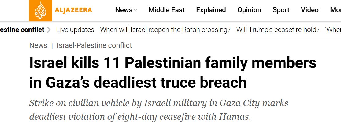 There has been no ceasefire from the Zionist entity which acts with impunity at the behest of its American backers.
The US is never, ever to be trusted.