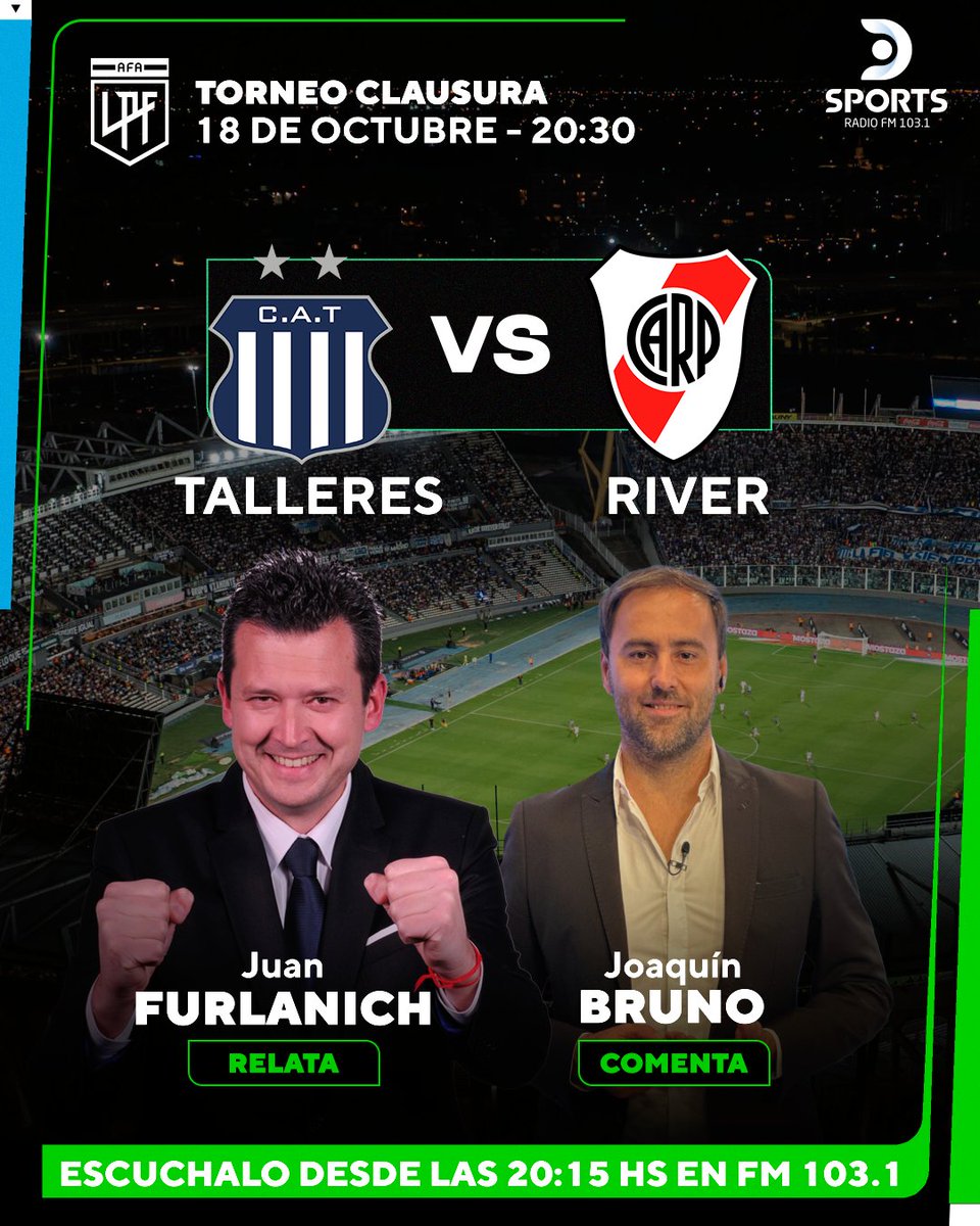 El Millo quiere cambiar la mala racha en <a href="/DSportsRadio/">DSports Radio 103.1 FM</a>
103.1 
#TorneoClausura 
#Talleres #River 
Junto a  <a href="/Jfurlanich/">Juan Furlanich 🇦🇷🇻🇪</a>
<a href="/Jbruno84/">Joaquín Bruno</a> <a href="/RODRIGOANCORA/">Rodrigo Ancora</a> y <a href="/mavegol/">Silvio Maverino</a>