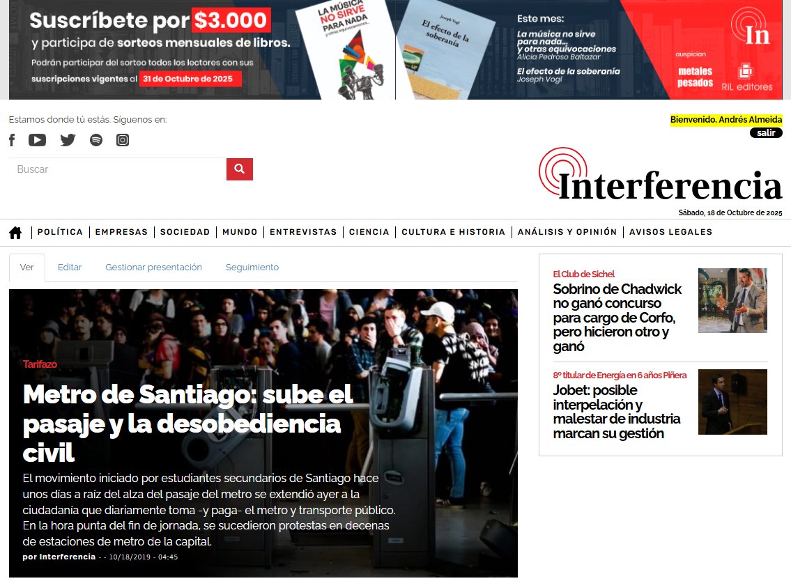 En @interferencia estuvimos en la calle los 7 días de la semana y vímos lo que vímos, nadie nos lo contó y lo contamos. La violencia existió, pero provino principalmente del Gobierno. La portada de ese día y el link al artículo principal.
lhb.pw/ojEIr
#18deOctubre