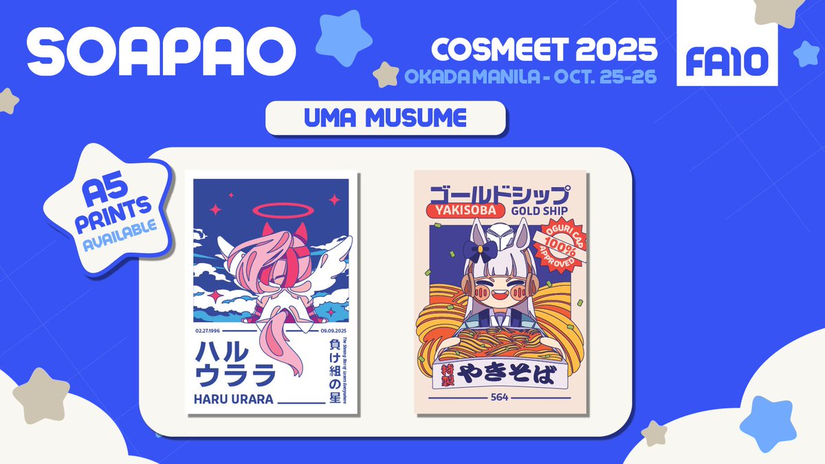 soapao_'s tweet photo. Oh hi! Find me here! ദ്ദി ˉ͈̀꒳ˉ͈́ )✧

⛅️Merch Catalogue for CosMeet 2025⛅️
@ FA10

🗓️ Oct 25-26
📍 Okada Manila, Crystal Pavilion

Series LineUp:
☁️ Uma Musume
☁️ Hololive EN
☁️ Indie Vtubers
☁️ Love Bullet
☁️ Project Sekai
☁️ Alien Stage
☁️ TGSWIIWAGAA
☁️ Peak

#cosmeet2025 https://t.co/1MnlWkKADB