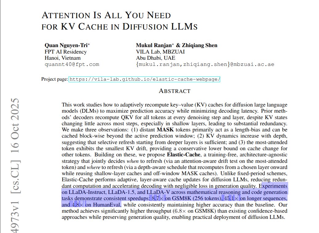 This paper speeds up diffusion LLM decoding by updating the stored keys and values cache only when and where needed.

Reported gains reach up to 45.1x in the longest cases.

Most existing decoders recompute queries, keys, and values for every token and layer at every step, which