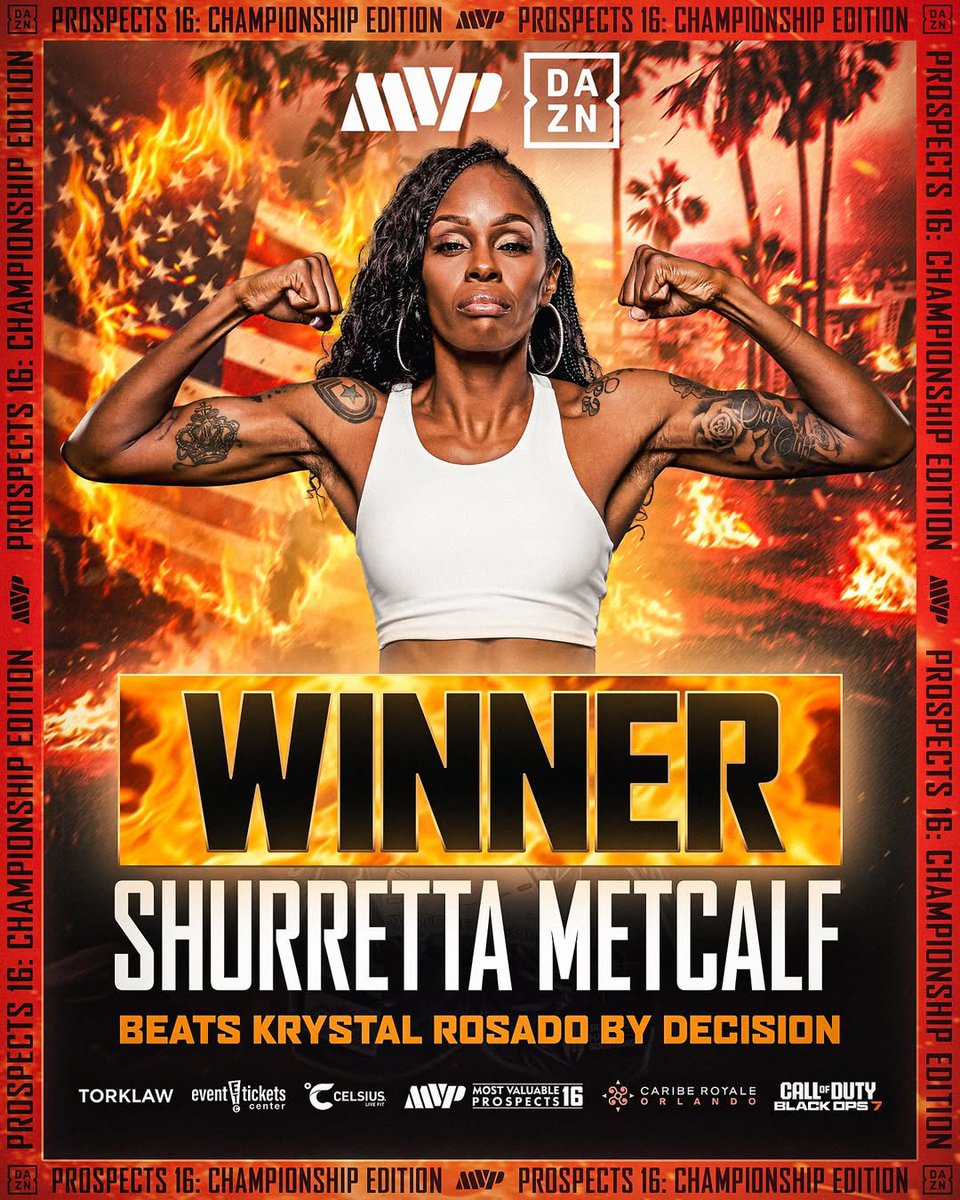 MostVpromotions's tweet photo. Shuretta Metcalf  🇺🇲 wins the Bantamweight Bout by Unanimous Decision! 
#MetcalfRosado

—
Saturday, October 18th
South Padre Island Convention Center - South Padre Island, TX
LIVE on @daznboxing
#Prospects16 https://t.co/oFUaeu1JGb
