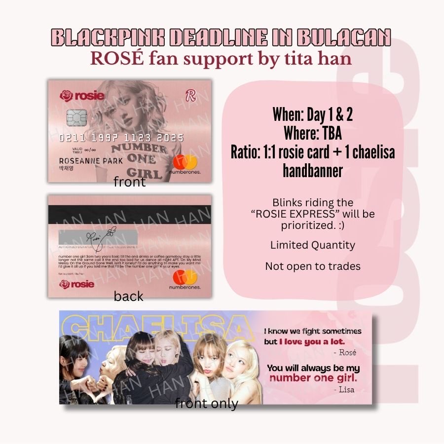 BLACKPINK <DEADLINE> in Bulacan fan support by <a href="/bloom_tita/">t𝑖𝑡𝑎 h𝑎𝑛¹ ❀</a> 

📅 D1 &amp; D2
⏰ TBA
📍Philippine Arena

📝 Blinks riding the ROSIE EXPRESS BUS whether you are DAY 1 or 2 will get these freebies. 😊

📝more info soon+

See you! 🖤🩷

#DEADLINE_IN_BULACAN #BLACKPINK