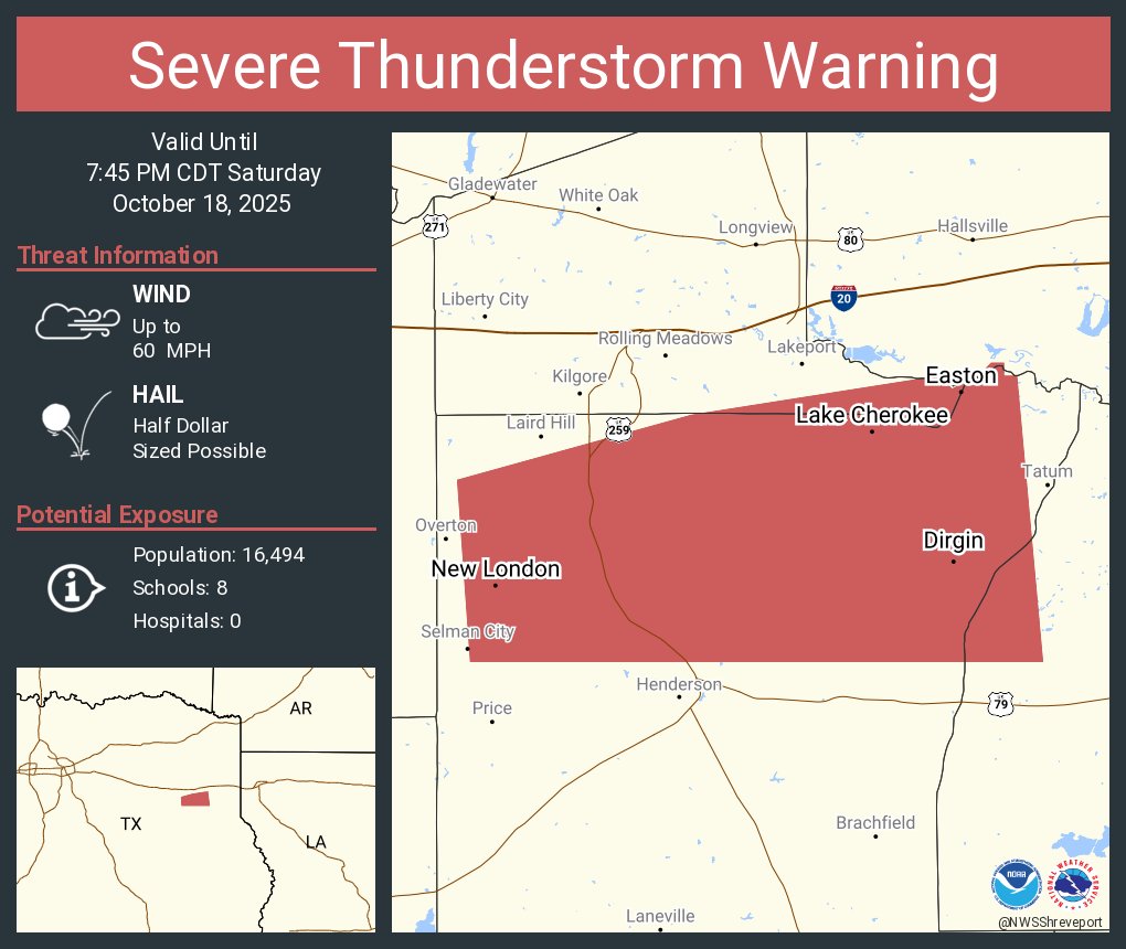 NWSShreveport's tweet image. Severe Thunderstorm Warning including Lake Cherokee TX, New London TX and  Easton TX until 7:45 PM CDT