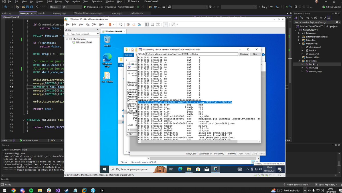 0x000cn7's tweet image. Driver de Hook em Kernel Mode ✅
→ Inline Hooking (Detour/Trampoline)
→ Write to Read-Only memory via MDL
→ Shellcode: MOV RAX + JMP RAX
→ Export table parsing
#SystemsProgramming #C #Assembly
