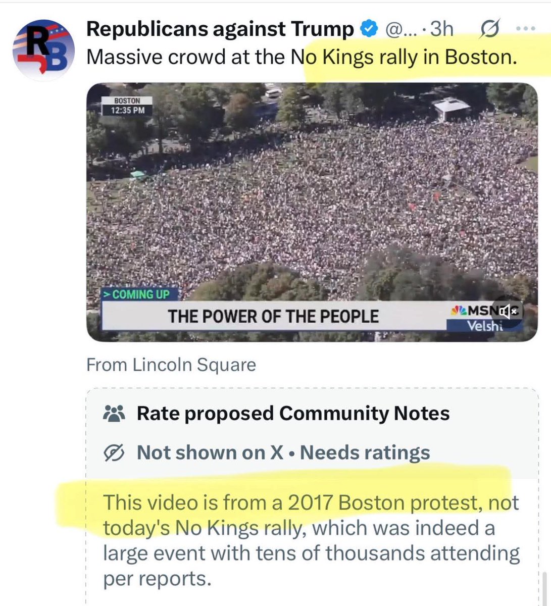 Please share this far and wide.     MSNBC is spreading a video from 2017  and claiming it was taken today at the NO KINGS  protest in Boston.   Fake news !   

<a href="/PressSec/">Karoline Leavitt</a> 
<a href="/POTUS/">President Donald J. Trump</a> 
<a href="/JDVance/">JD Vance</a> 
<a href="/VP/">Vice President JD Vance</a> 
<a href="/realDonaldTrump/">Donald J. Trump</a> 
<a href="/DonaldJTrumpJr/">Donald Trump Jr.</a>