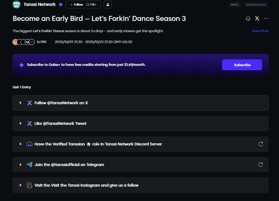 mulashini5875's tweet image. Head to Galxe now to complete 5 simple steps and claim your Early Bird | LFD S3 Discord role from @TanssiNetwork. 

This role is key for the upcoming on-chain season.

#Tanssi #LFDSeason3 #Crypto #Airdrop @TanssiNetwork @Galxe