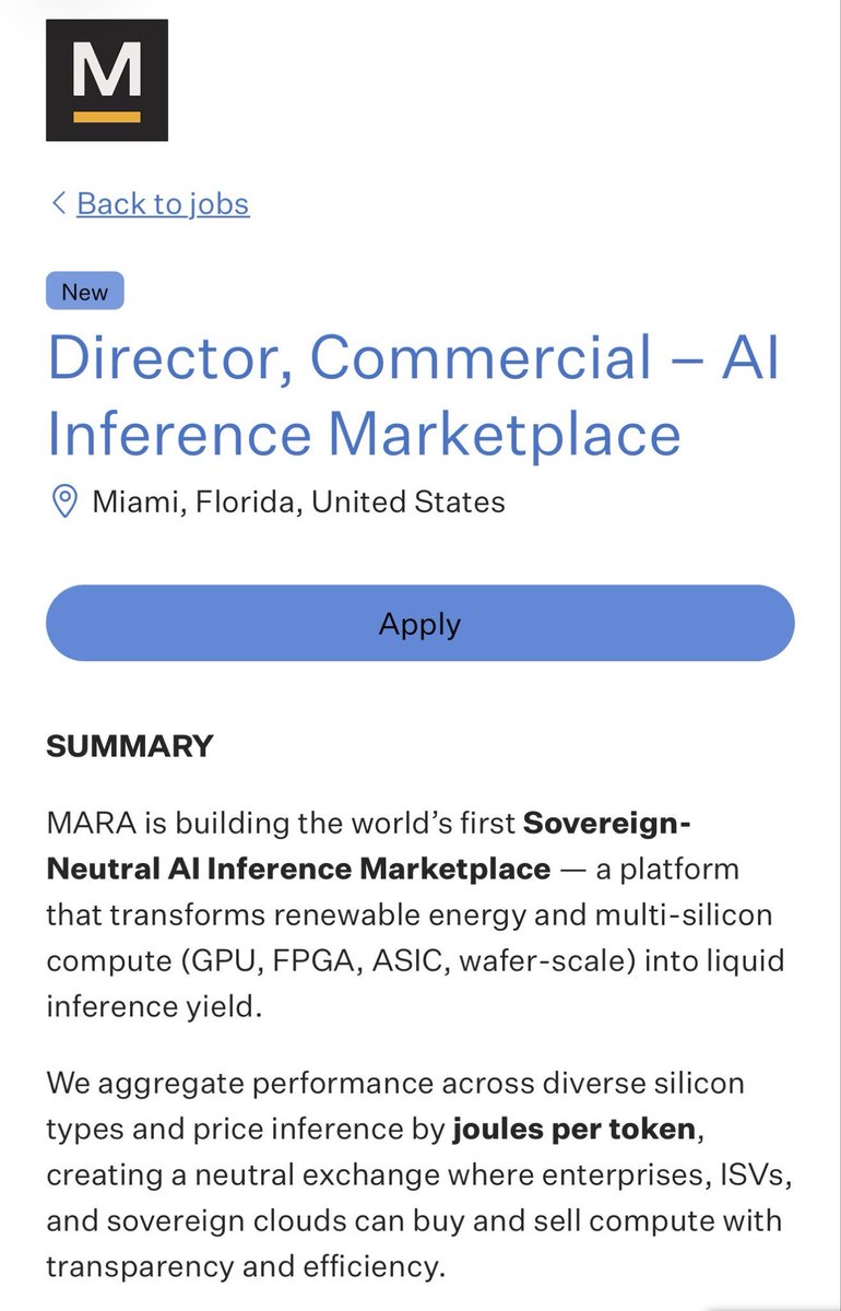 level941's tweet image. MARA just detonated the next phase of monetary evolution. They are turning raw energy into liquid inference yield. Joules become tokens. Electricity becomes currency. Silicon becomes collateral. This is not cloud compute. This is the first sovereign-neutral AI marketplace built…