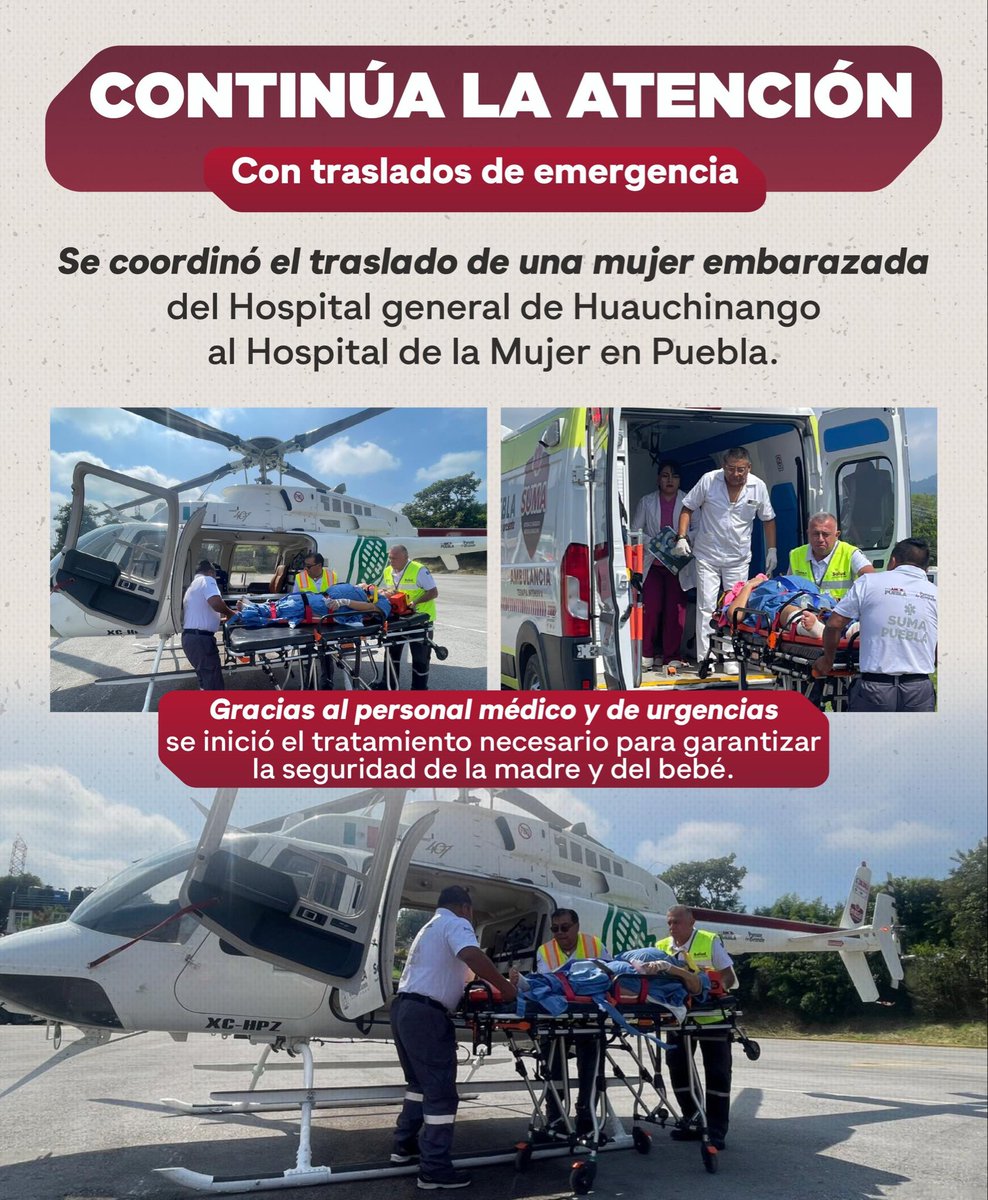 Gracias al trabajo conjunto de <a href="/SSalud_mx/">SALUD México</a> e <a href="/IMSS_Bienestar/">IMSS Bienestar</a>, se logró con éxito el traslado de una paciente embarazada de Huauchinango al Hospital de la Mujer en Puebla. 🤰🏼🚑

Siguiendo la visión humanista de nuestra presidenta, la Dra. <a href="/Claudiashein/">Claudia Sheinbaum Pardo</a>, cuidamos la salud de todas y