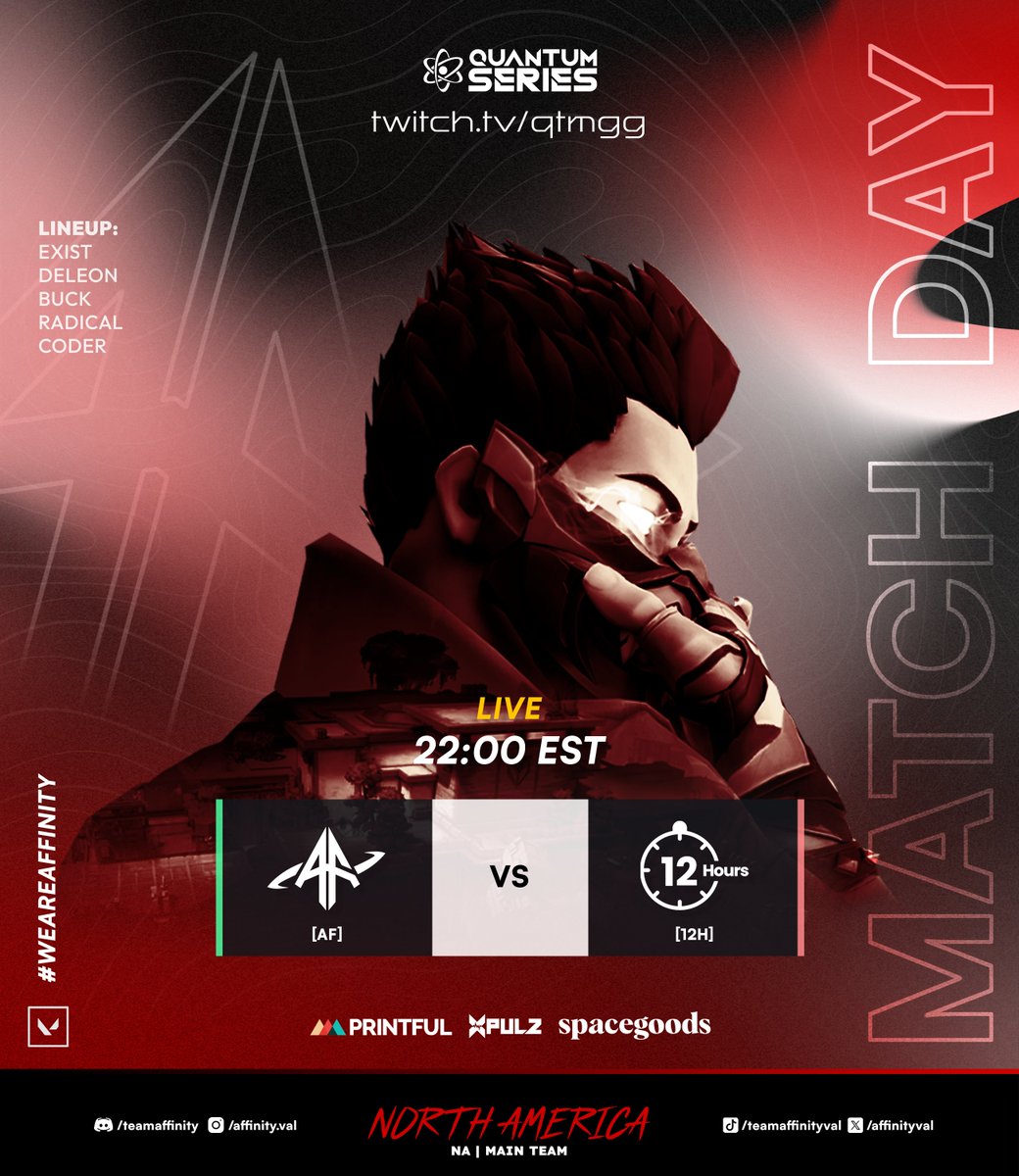 AffinityVAL's tweet image. Our NA Team will be live on twitch at 22:00 EST, as they take part in the @QTMgg_ Quantum Series Tournament!

You can catch them here: twitch.tv/qtmgg

Tonight's Lineup:

@DeLeon_fps 
@kake909 
@HiImBuck 
@Radical619 
@Exist_val 

#WeAreAffinity #Valorant