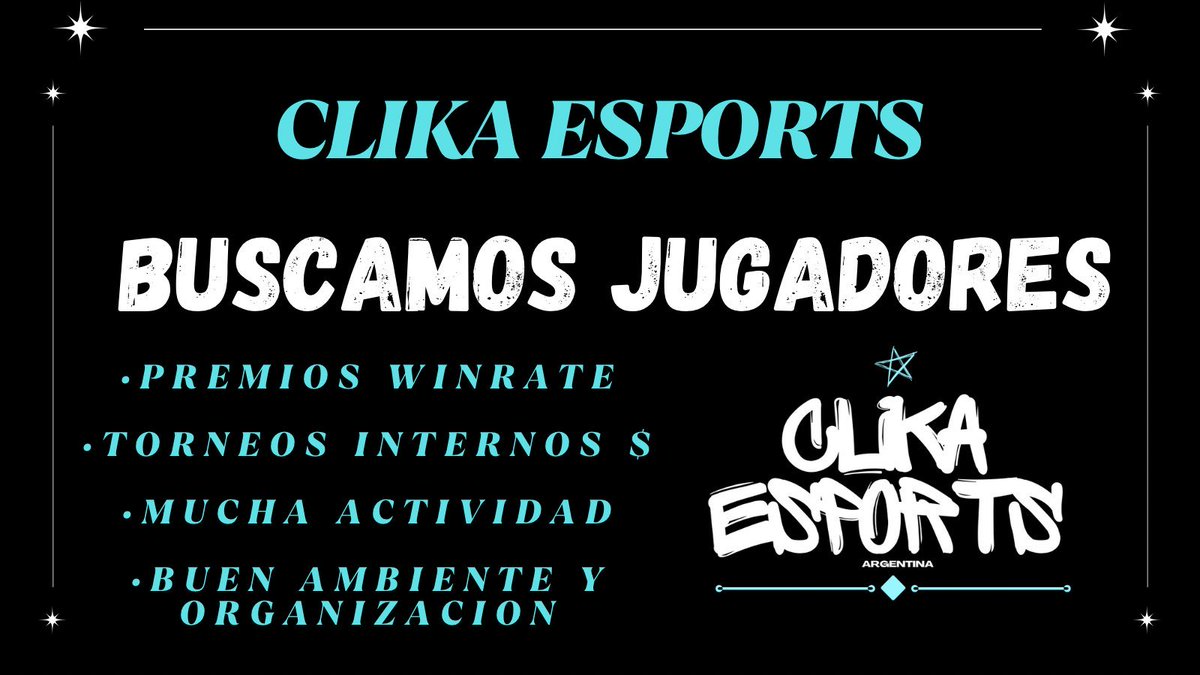 𝑪𝒍𝒊𝒌𝒂 𝑬𝒔𝒑𝒐𝒓𝒕𝒔 busca jugadores⚡️

•Premios de 50usd en Winrate💸

•Torneos Internos💎

•Actividad todos los días 🏆

•Buena organización y buen ambiente✅

•También Buscamos Capitanes👤

Si estás interesado en ser parte de nuestro equipo escriban al MD📩