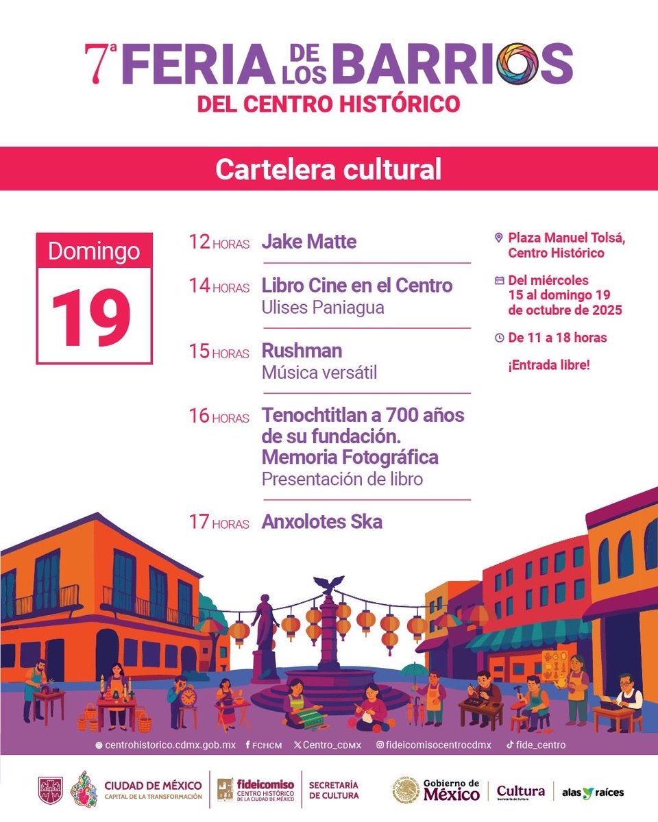 7ª Feria de los Barrios del Centro Histórico 🇲🇽

Recomendamos la presentación del libro “Cine en el Centro” del Dr. <a href="/UlisesPaniagua7/">Ulises Paniagua Olivares</a>.

Fecha: Domingo 19 de octubre 
⏰ 14:00 horas 
📍Plaza Manuel Tolsá 
Entrada libre | habrá libros de obsequio.

#invenciblagazine #libros #cine