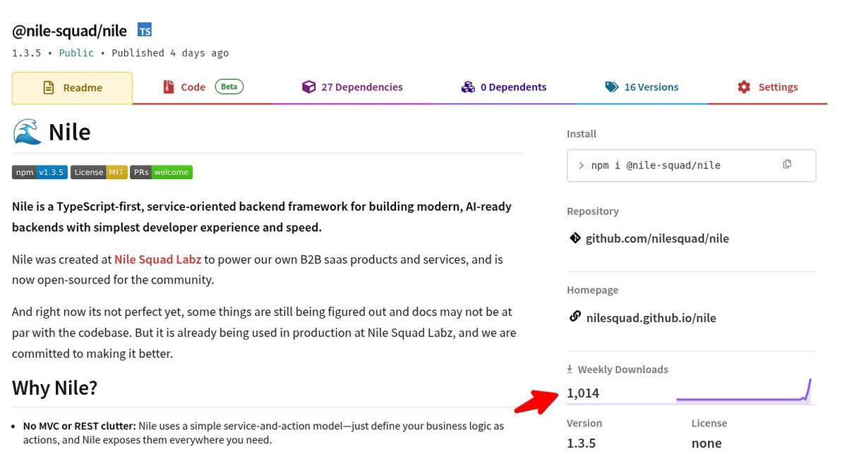 NileFramework's tweet image. 1k NPM downloads, why does it feel like its bots 😂