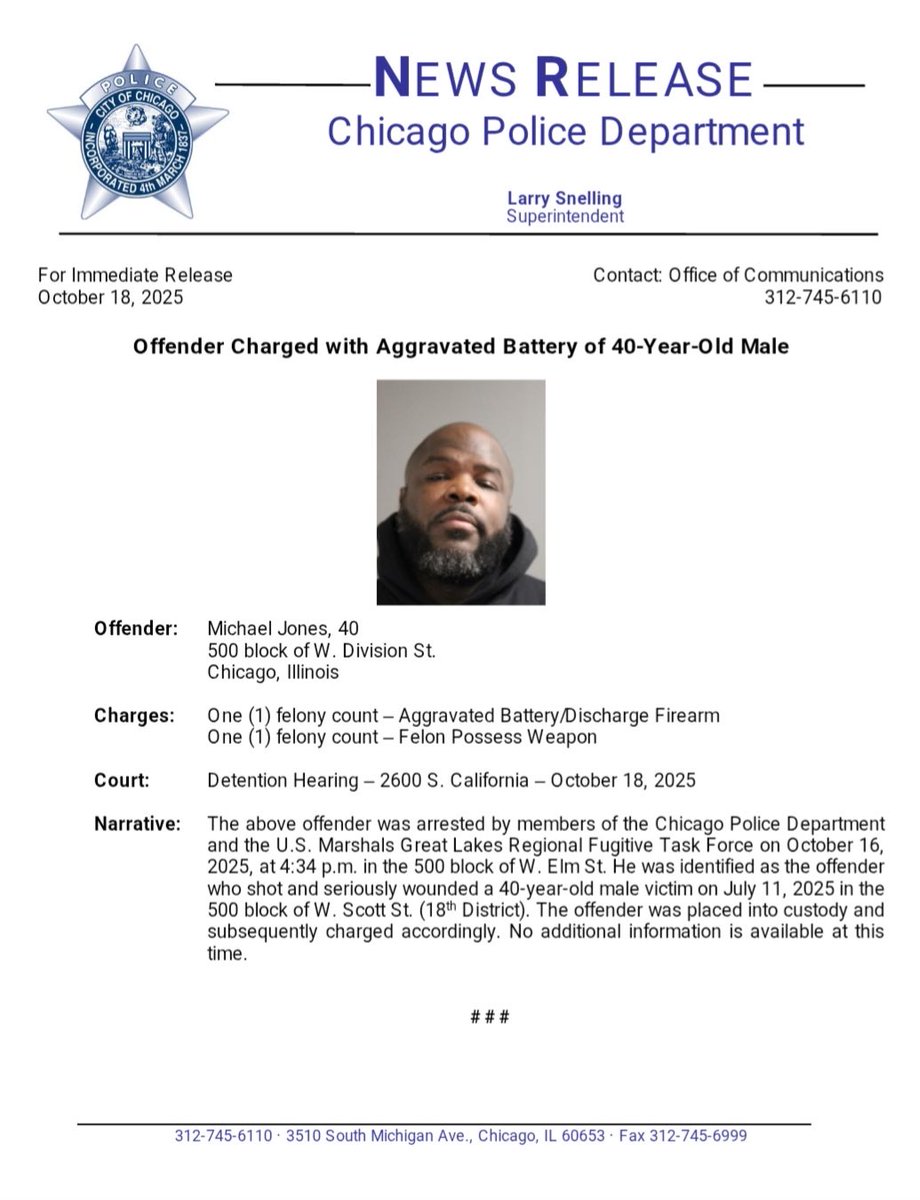 Offender Charged with Aggravated Battery / Discharge of a Firearm <a href="/ChicagoCAPS18/">ChicagoCAPS18</a> (Near North) <a href="/Area3Detectives/">Chicago Police Area 3 Detective Division</a> U.S. Marshals Great Lakes Regional Fugitive Task Force #ChicagoPolice