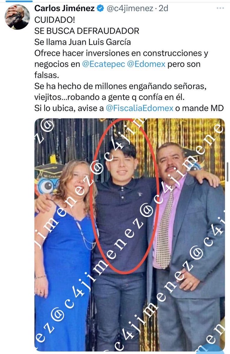 c4jimenez's tweet image. CUIDADO!
SE LES ACUMULAN DENUNCIAS…
Son los defraudadores de viejitos y familias en @Ecatepec Los engañan y roban ahorros.
Juan Gcia Aboites y su cuñado Jorge Ramírez Rosas.
Su tía Amelia García y sus familiares los esconden!
Si los ubica avise a @FiscaliaEdomex @SS_Edomex