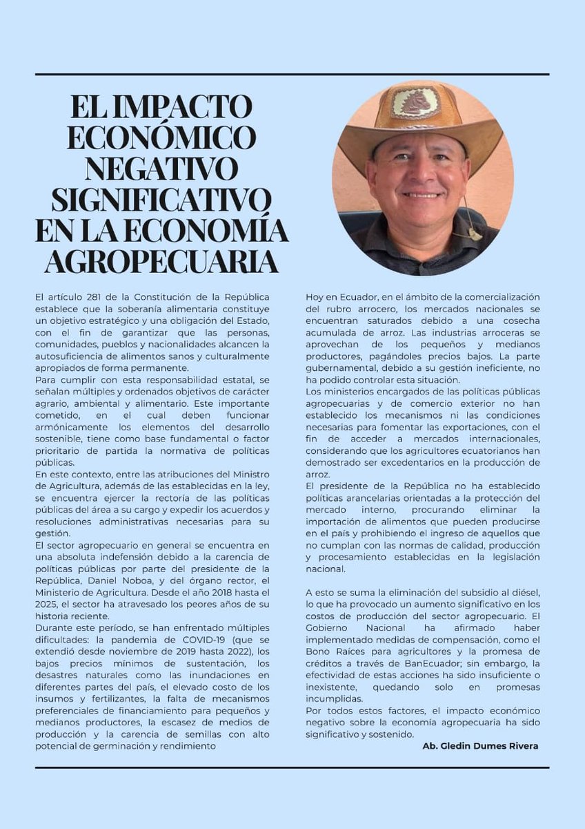Comparto mi segundo artículo. El Impacto Económico Negativo Significativo en la Economía Agropecuaria. <a href="/DanielNoboaOk/">Daniel Noboa Azin</a>, no hay solución a la gran problemática agropecuaria, los productores arroceros y demás rubros de producción están quebrados, con sus políticas anticampesinas