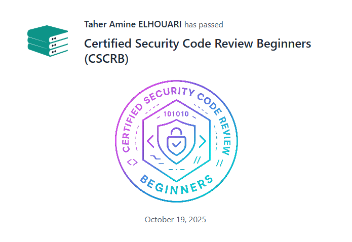 MrTaherAmine's tweet image. I’m excited to share that I have officially passed the "Certified Security Code Review – Beginners (CSCRB)" certificate exam, issued by Red Team Leaders (RTL).
#CyberSecurity #SecureCoding #CodeReview #AppSec #CSCRB #EthicalHacking #SecurityByDesign #OWASP #VAPT