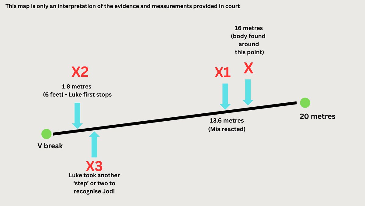 AnaJusticeLMJJ's tweet photo. A map was shown to the jury with X markers depicting where certain events occurred on the path. This is obviously not the original map, but an interpretation of information provided in transcripts. If it helps with perspective... https://t.co/fDfspodVcQ