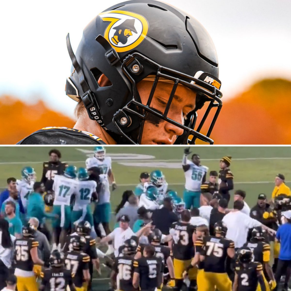 Appalachian State wore these SICK 80s retro helmets today with fall foliage. Then a postgame brawl with Coastal Carolina in my favorite old money vs new money rivalry because the Chants tried to plant a flag at Kidd Brewer after winning...and damn, the #FunBelt is awesome.