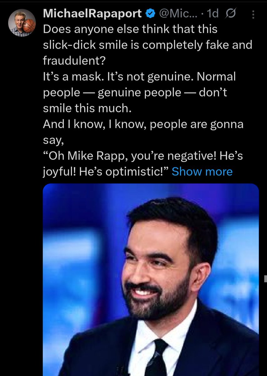 19148_4533's tweet image. Finally, someone, @MichaelRapaport, reveals the truth about Zorhan Mamdani. He has a bad smile. What a pile of crap.
