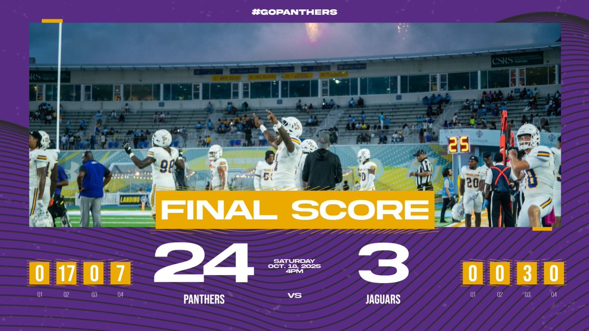 PVAMUPanthers's tweet photo. PVAMUFBALL:  Homecoming spoiler in the rain. ☔🐾
Panthers take down Southern 24-3 at A.W. Mumford Stadium! #PVAMU #PantherFootball #PVPantherNation https://t.co/lT4IdRsQee