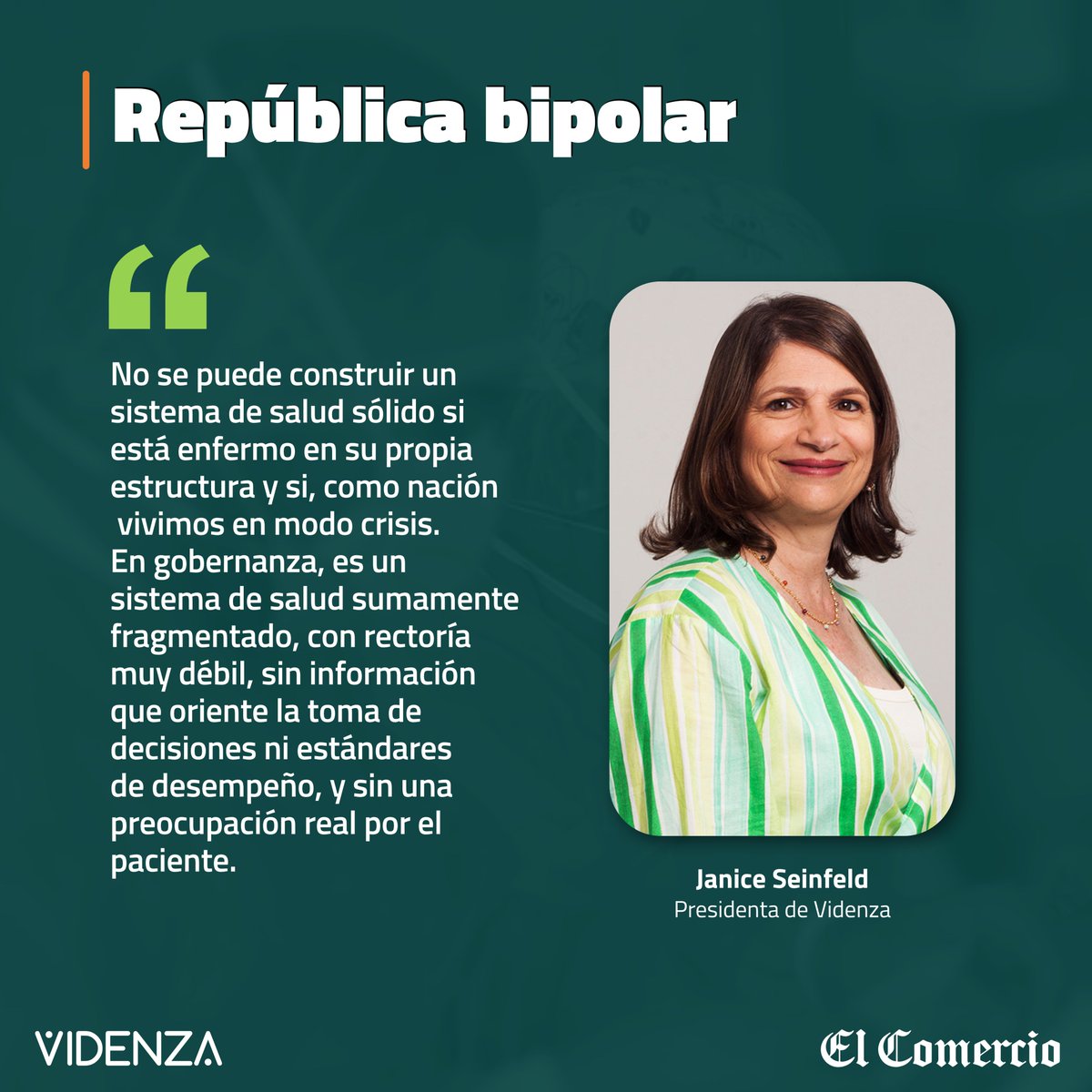 En su columna “República bipolar”, publicada en <a href="/elcomercio_peru/">El Comercio</a>, <a href="/janice_seinfeld/">Janice Seinfeld</a> analiza cómo la inestabilidad política y social del país 🇵🇪 está afectando la salud mental de los peruanos, y por qué urge construir un sistema de salud 🏥 centrado en la persona y en el bienestar