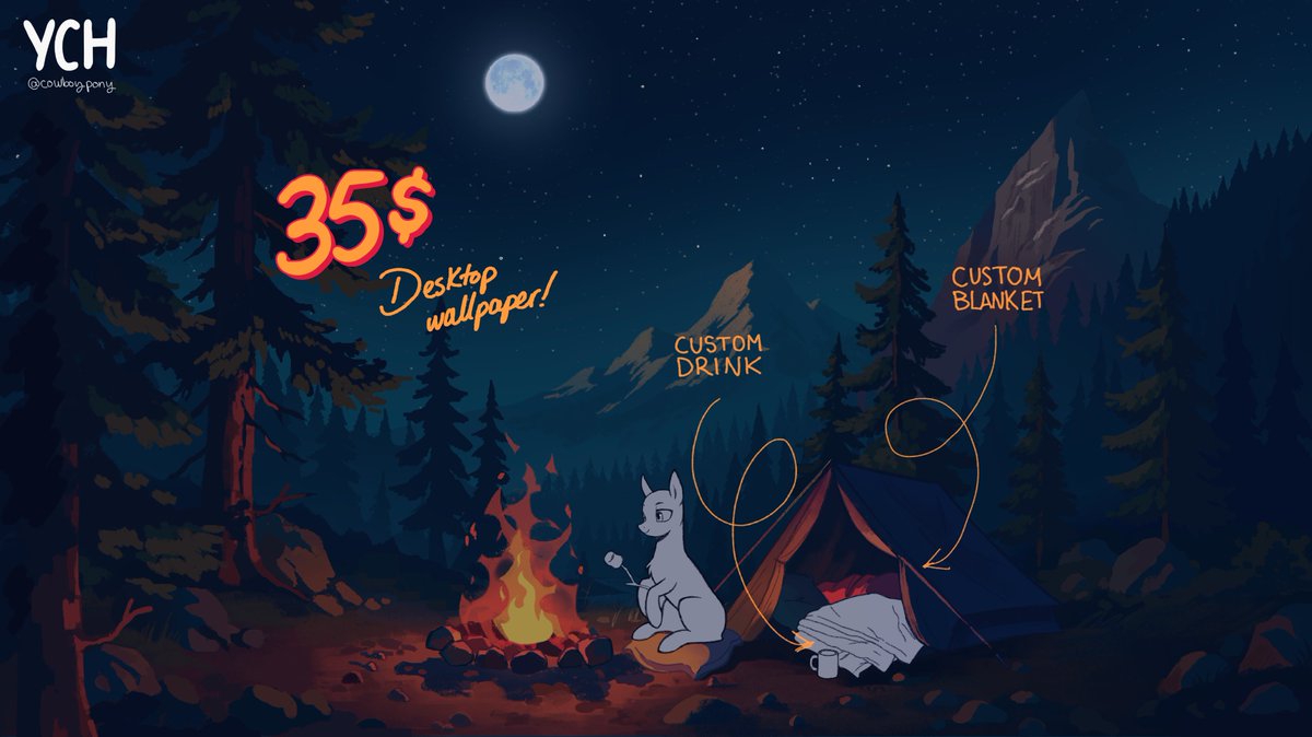 ⋆｡˚⛺️🌲Campsite YCH 35$

🌙customizable items such as blanket and drink!
💫sized for wallpaper use. any species/gender

payment through paypal or kofi
ko-fi.com/cowboypony