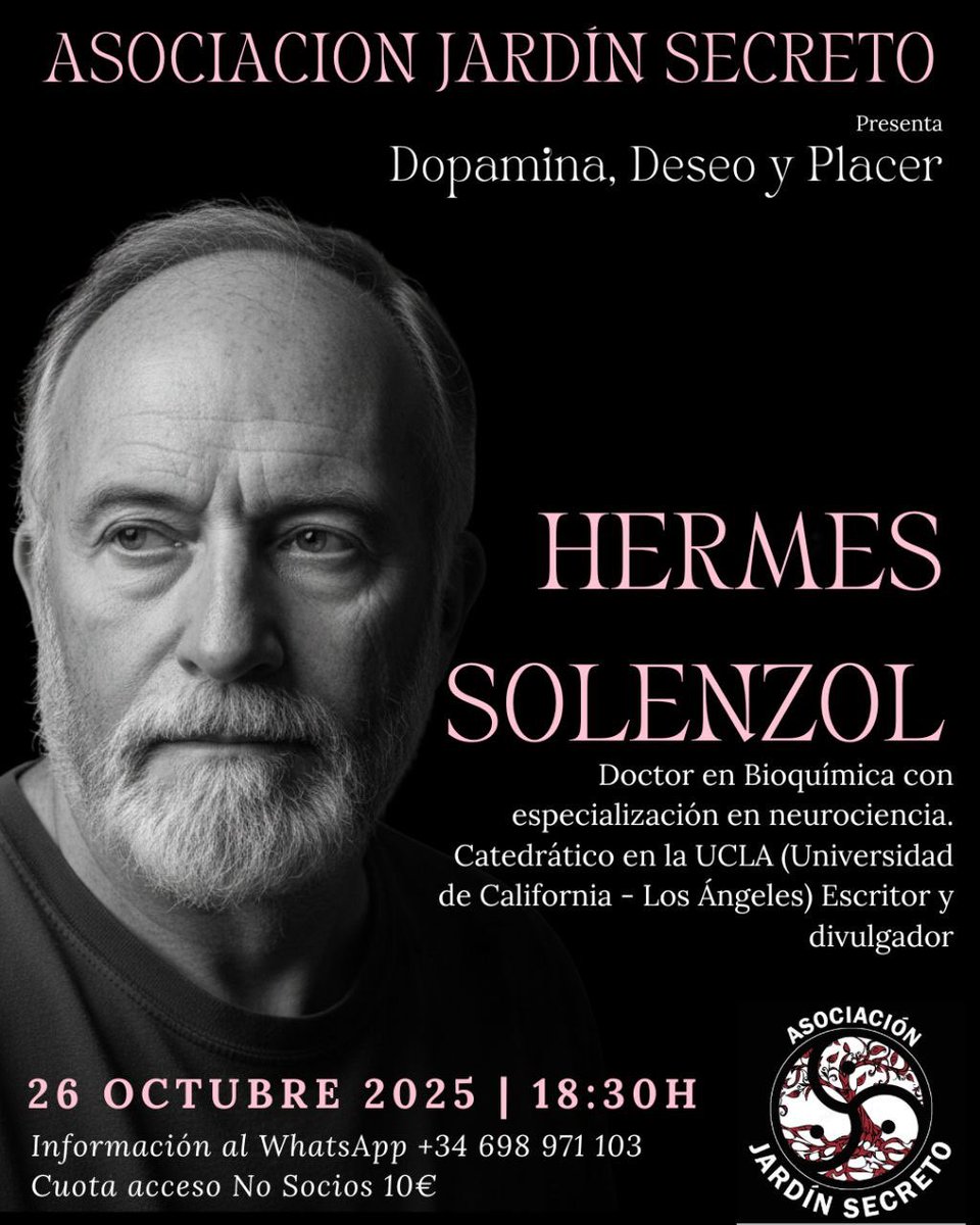 Estimados. Nos visita Hermes Solenzol eminencia en la neurociencia que ya tuvimos el placer de tenerlo en nuestra asociación. Vuelve con la interesante charla Dopamina. Deseo y placer, domingo 26 de octubre a las 18:30. Información al WhatsApp de la asociación