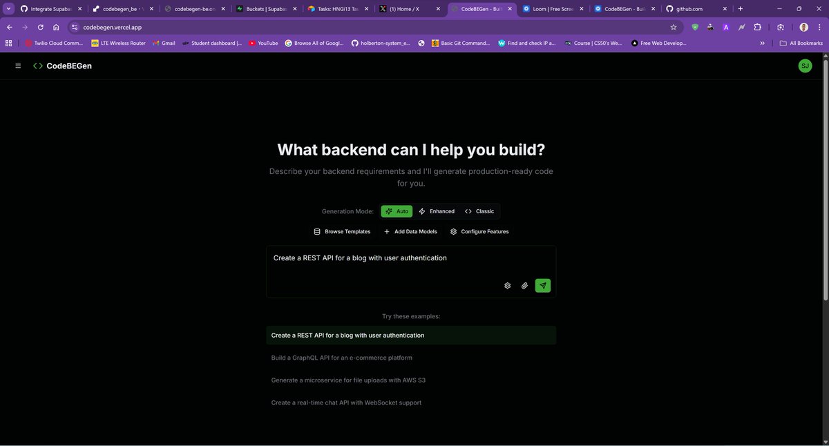 oshin_samuel's tweet image. Ever thought of generating a full FastAPI backend — with authentication, database models, APIs, tests & deployment — just by describing it in plain English? 🤯
Meet CodeBEGen ⚙️ — my AI-powered backend generator.
#buildinpublic #AI #FastAPI #backenddevloper