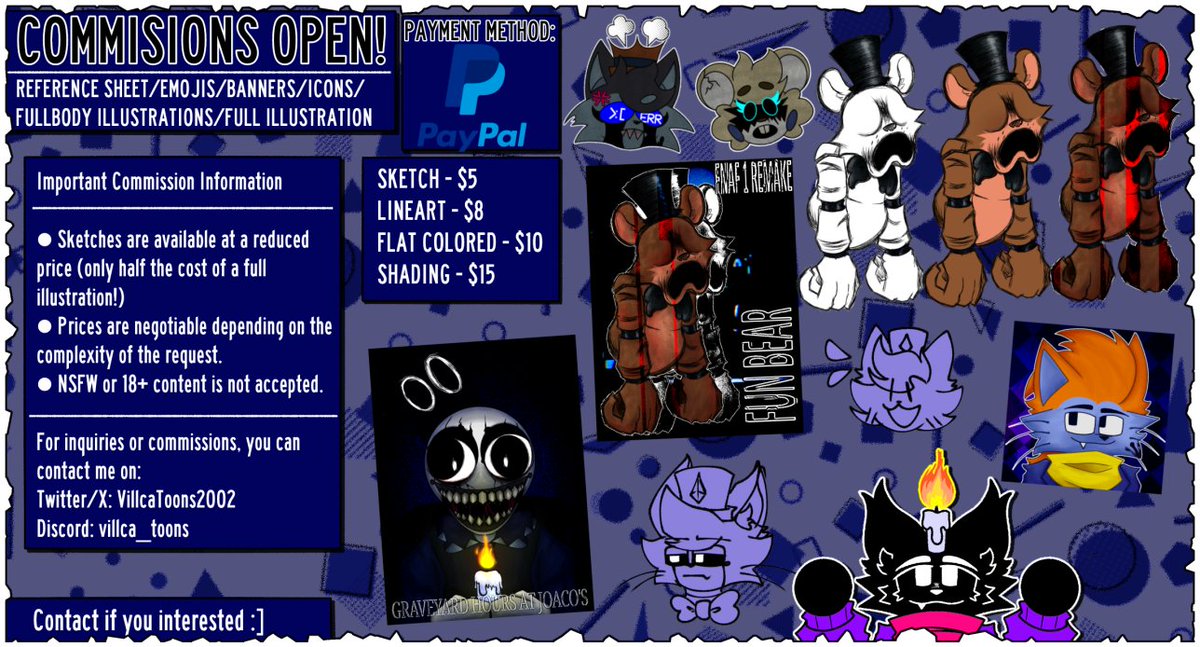 Buenas gente vengo a recomendarles el trabajo del artista @Villcoso, que hace poco volvió abrir sus comisiones, debido a un accidente que tuvo, aquí les dejare su contacto y su anuncio de comisiones por si quieren apoyarlo.
Discord: villcoso_