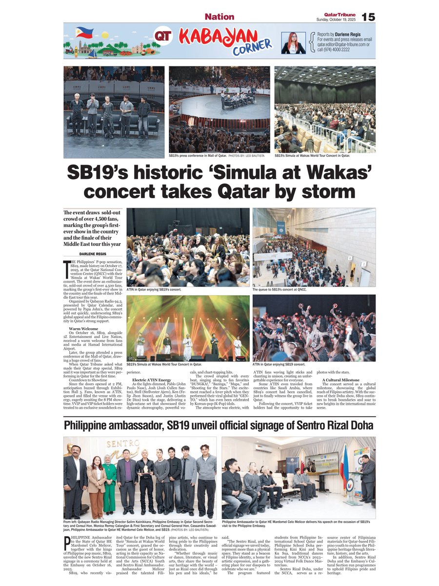 [Qatar Tribune 🇶🇦]

🍎 Print • 10/19/2025
🍎 qatar-tribune.com/article/199710…
🍎 qatar-tribune.com/article/199711…

- “The event drew an enthusiastic, sold-out crowd of over 4,500 fans, marking the group’s first-ever show in the country and the finale of their Middle East tour this year.”

#SB19
