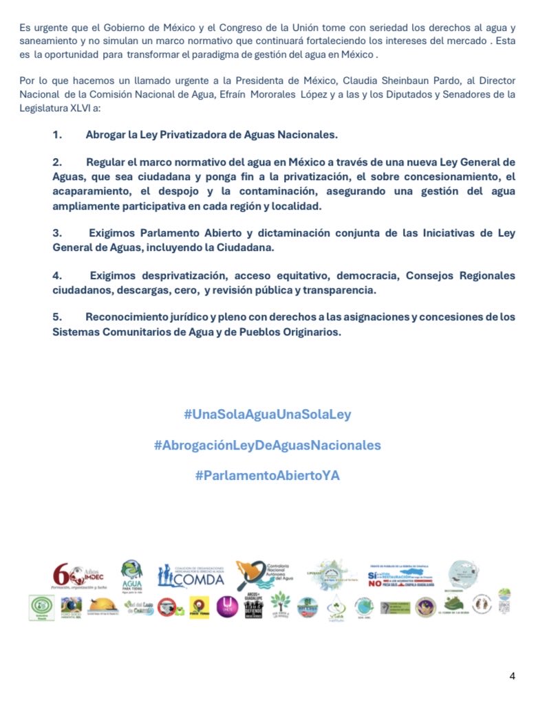 🚨💧#PRONUNCIAMIENTO

#ALERTA #LeyDeAgua

⚠️🌊La #CONAGUA quiere mantener viva la vieja Ley neoliberal del agua que privatiza, sobreconcesiona y acapara el Agus, acompañada de una Ley General de Aguas incompleta.

👊🏽 💦Cononoce los riesgos de esta iniciativa y defendamos el #Agua