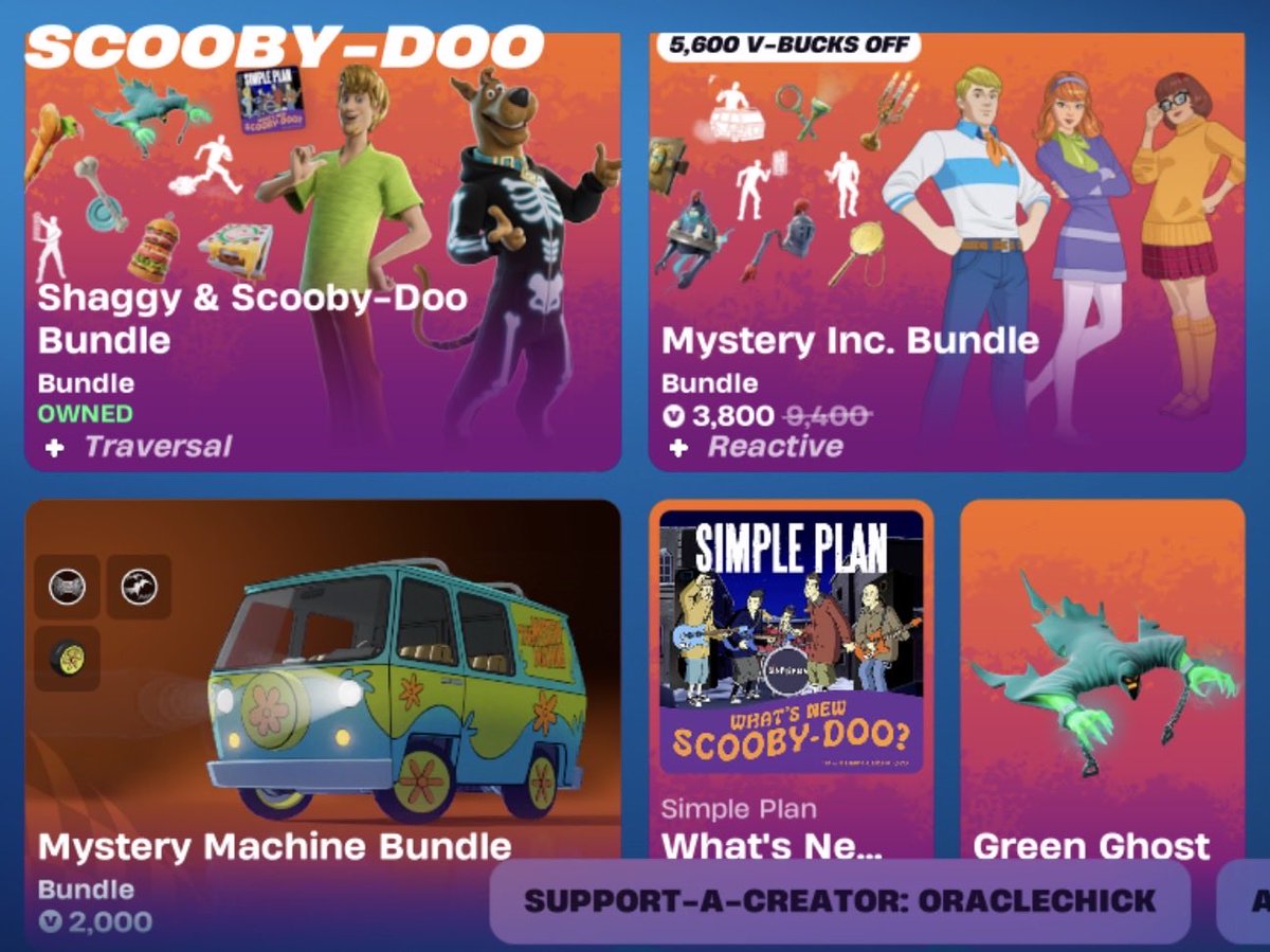 oracle_chick's tweet image. Scooby and the gang have all arrived now! Please be sure to use my code ‘oraclechick’ when buying anything from the shop or EGS to help support me.💜 #EpicPartner  fortnite.com/item-shop?lang…