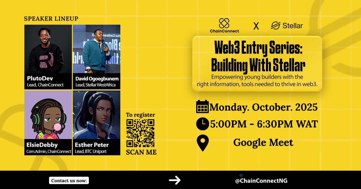 ChainConnectNG's tweet image. This Monday, we’re kicking off the Web3 Entry Series with a powerful session: Building With Stellar.
It’s all about helping young builders understand how to create meaningful solutions with Stellar’s technology and ecosystem support.
Here’s why you should join 👇