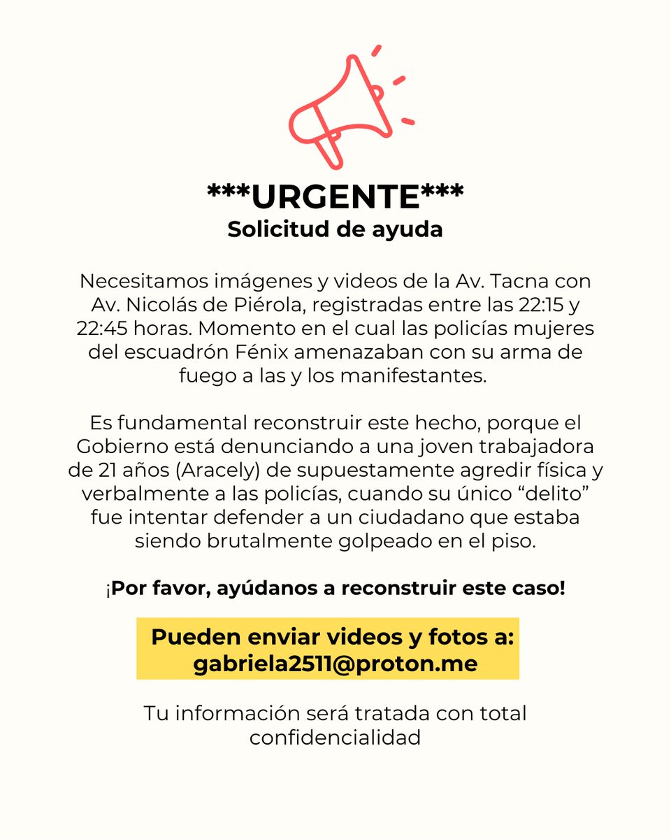 #URGENTE | Se busca reconstruir los hechos en torno a la detención de una joven trabajadora en la #MarchaNacional del 15 de octubre.

Si cuentas con imágenes y videos que puedan sumar a esclarecer la verdad, envíalos a: gabriela2511@proton.me