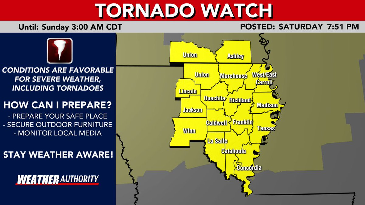 FIRST ALERT! A TORNADO WATCH has been issued for the areas shaded in yellow until Oct 19 3:00AM. Stay tuned to social media and the KNOE Weather app for the latest information. #lawx #arwx #mswx