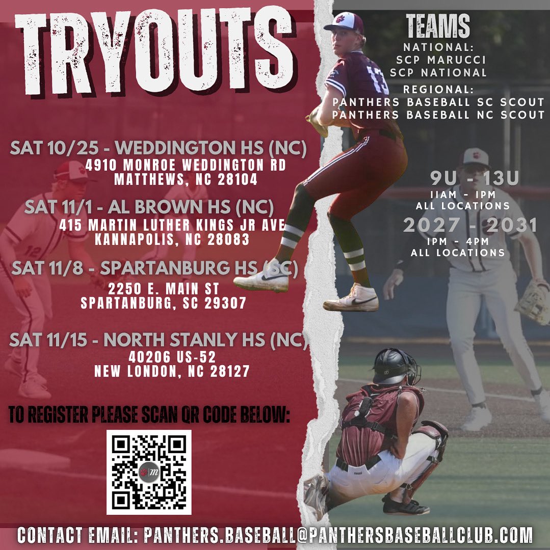 PanthersProgram's tweet image. 🚨 SUMMER 2026 TRYOUTS 🚨
⚾ 93 MLB Draft Picks
⚾ 21 MLB Debuts
⚾ 17 Current MLB Players
⚾ 5 MLB All-Stars ⭐️
⚾ 1000+ College Commitments
⚾ 6 National Championships
📍 Multiple Locations in NC & SC
🗓️ October – November
📲 Scan QR code or email us to register
#SCPDUDES