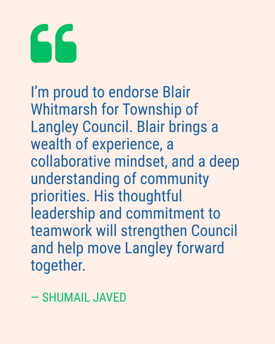 Proud to receive the endorsement of Shumail Javed, Langley community activist. His belief in collaboration, experience &amp; community-focused leadership reflects exactly what I aim to bring to Council. Thank you, Shumail, for your support. Together, we move Langley forward.