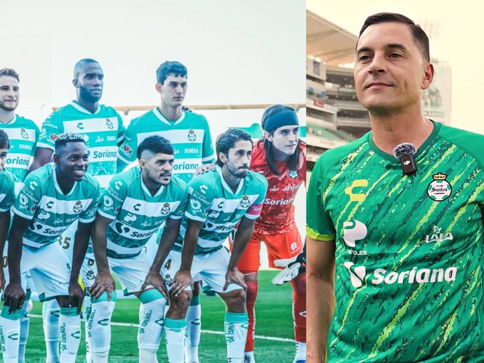 Left side shows a group of Santos Laguna soccer players in green and white striped jerseys, shorts, and socks, standing in a line on a green grass field with stadium seating in the background, some players wearing headbands and wristbands, all facing forward. Right side features a close-up of a male player with short dark hair, smiling slightly, wearing a green patterned jersey with Soriana sponsor logo, a badge on the chest, and a microphone clipped to the collar, against a blurred outdoor background.
