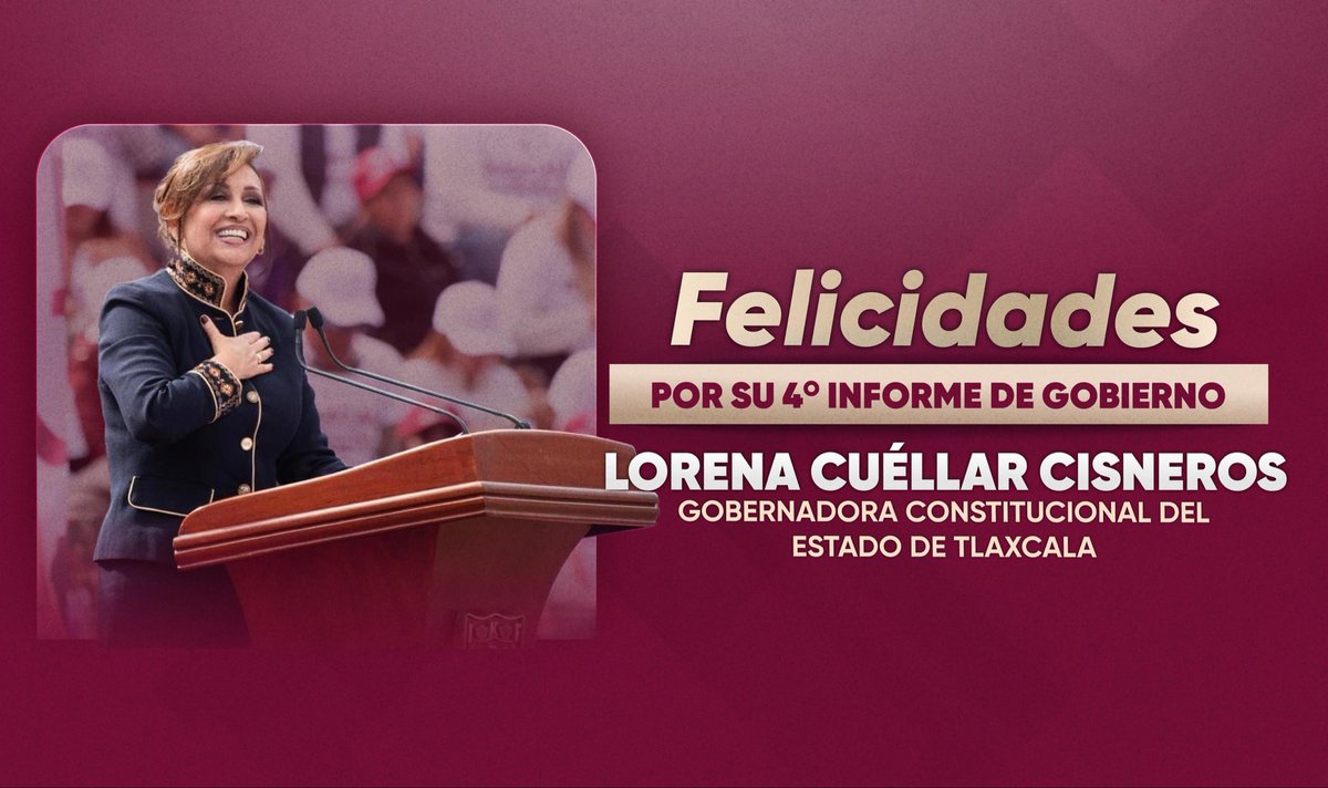 Desde Puebla, felicitamos con aprecio a nuestra compañera gobernadora de Tlaxcala, <a href="/LorenaCuellar/">Lorena Cuéllar</a>, por su Cuarto Informe de Gobierno. 👏🏼

Reconocemos su compromiso con el #Bienestar y la #Transformación de las y los tlaxcaltecas, junto al liderazgo de nuestra presidenta, la Dra.